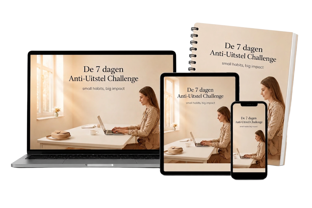 De 7 dagen Anti-Uitstel Challenge op laptop, tablet, telefoon en als werkboek