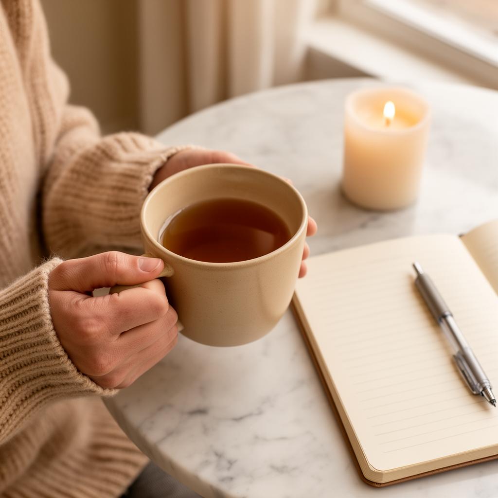 Vrouw met thee en notitieboek aan marmeren tafel