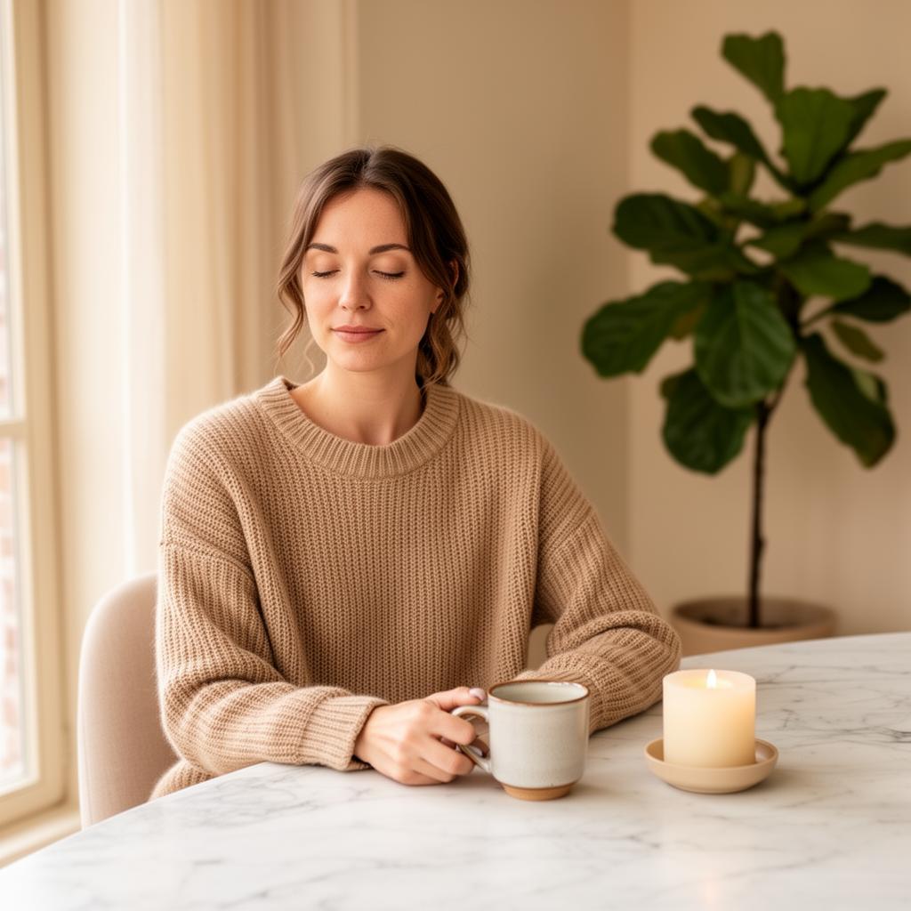 Rustige vrouw met thee, warme crème interieur